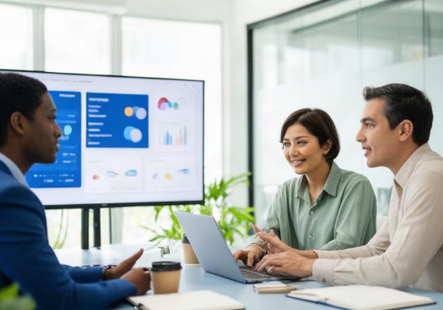 Singapore business team reviewing an automated performance dashboard in a bright meeting room
