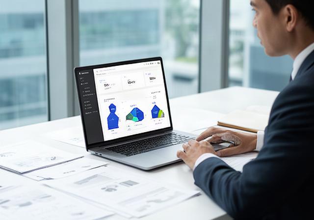 Singapore operations manager reviewing a live KPI dashboard beside a laptop and data reports