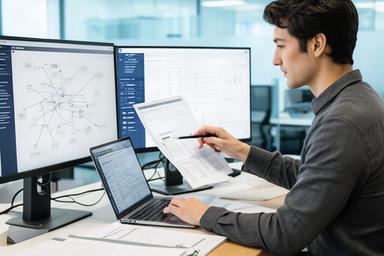 Data integration specialist checking ERP connections and structured records at a desk