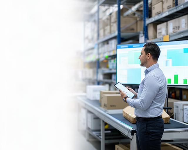 E-commerce operations manager reviewing order and inventory data beside a warehouse dispatch area