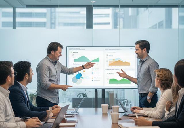 Singapore-based analytics consultants discussing a dashboard prototype around a meeting table