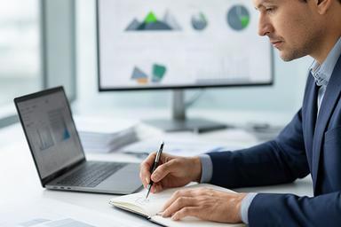 Dashboard architect examining Power BI reports with notes in a Singapore office