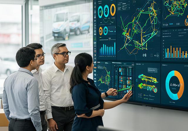 Singapore logistics operations team viewing fleet delivery KPIs on a Power BI dashboard