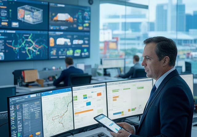 Operations director reviewing a multi-site performance dashboard beside a Singapore logistics control room