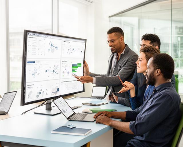 Singapore automation specialists reviewing connected business dashboards in a bright office